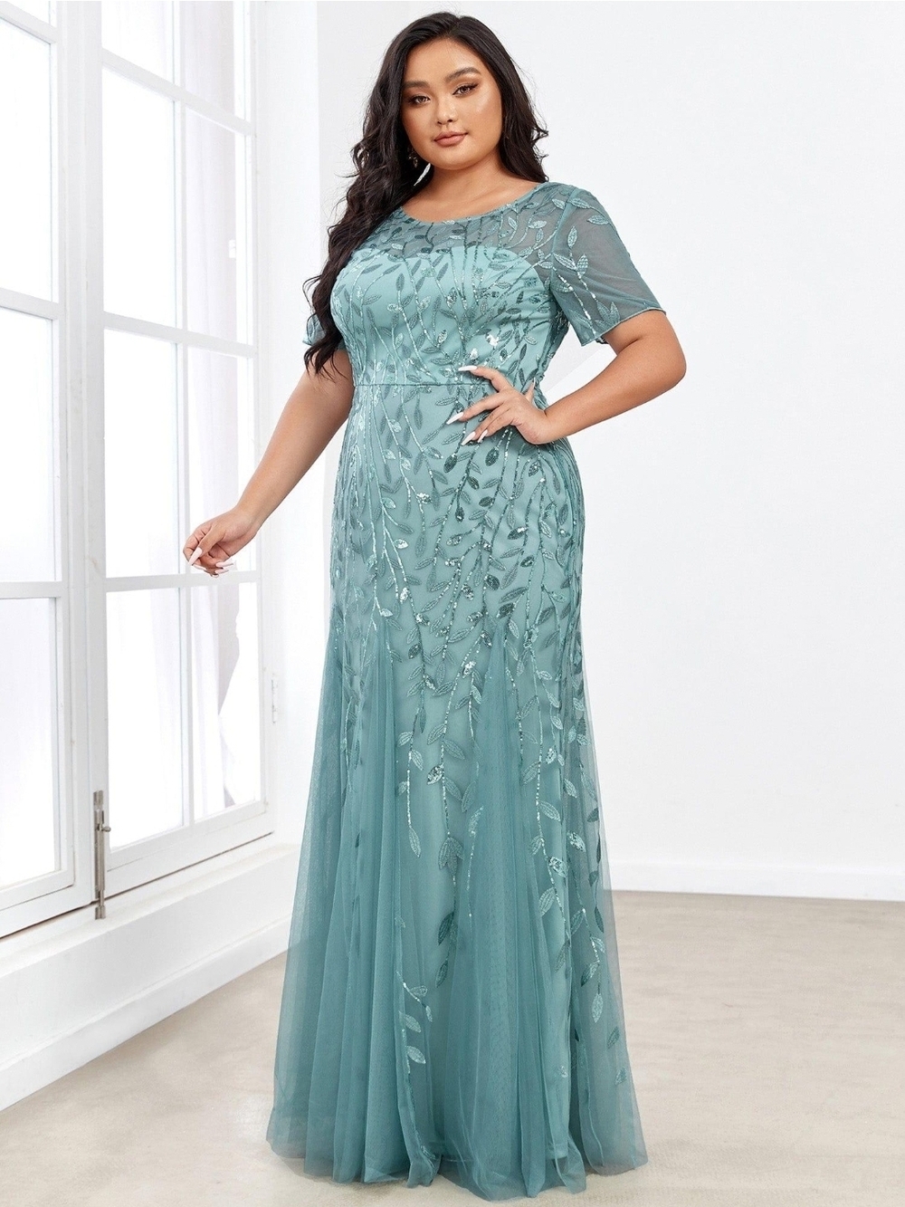 Ever-Pretty Teal Embellished Mesh Maxi Dress